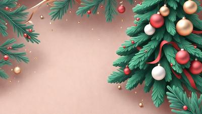The primary subject of the image is a Christmas tree, which is adorned with ornaments and decorations. The setting is a pink surface, possibly a wall or a table, on which the tree is placed. The visual style of the image is a combination of photo and digital art, creating a festive and colorful atmosphere. The dominant colors in the image are pink and green, with the tree being the main focus and the ornaments adding to the overall mood of the scene.